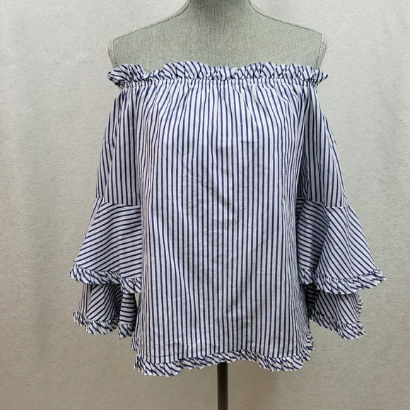 ECI Off Shoulder Bell Sleeve Striped Blouse NWOT - Picture 3 of 8